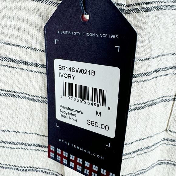 Ben Sherman Mens Linen Blend Button Down Shirt Striped Beige Blue Medium - Picture 4 of 7